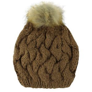 Brown Knit Beret Beanie Hat With Fur Pom Pom